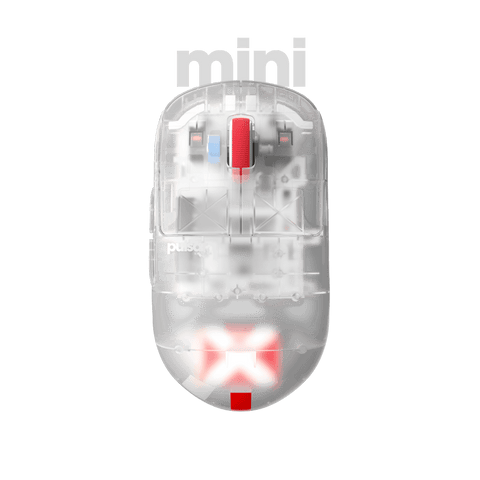 Super clear Edition Pulsar X2H Mini Gaming Mouse with a translucent black design, narrow waist, higher hump, symmetrical shape, optical switch, and PAW3395 sensor.