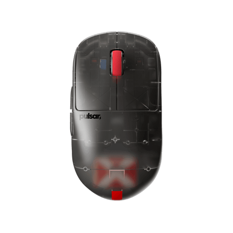 Clear Black Edition Pulsar X2H Medium Gaming Mouse with a translucent black design, narrow waist, higher hump, symmetrical shape, optical switch, and PAW3395 sensor.