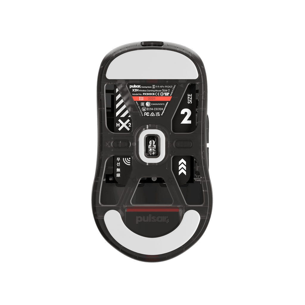 Clear Black Edition Pulsar X2H Medium Gaming Mouse with a translucent black design, narrow waist, higher hump, symmetrical shape, optical switch, and PAW3395 sensor.