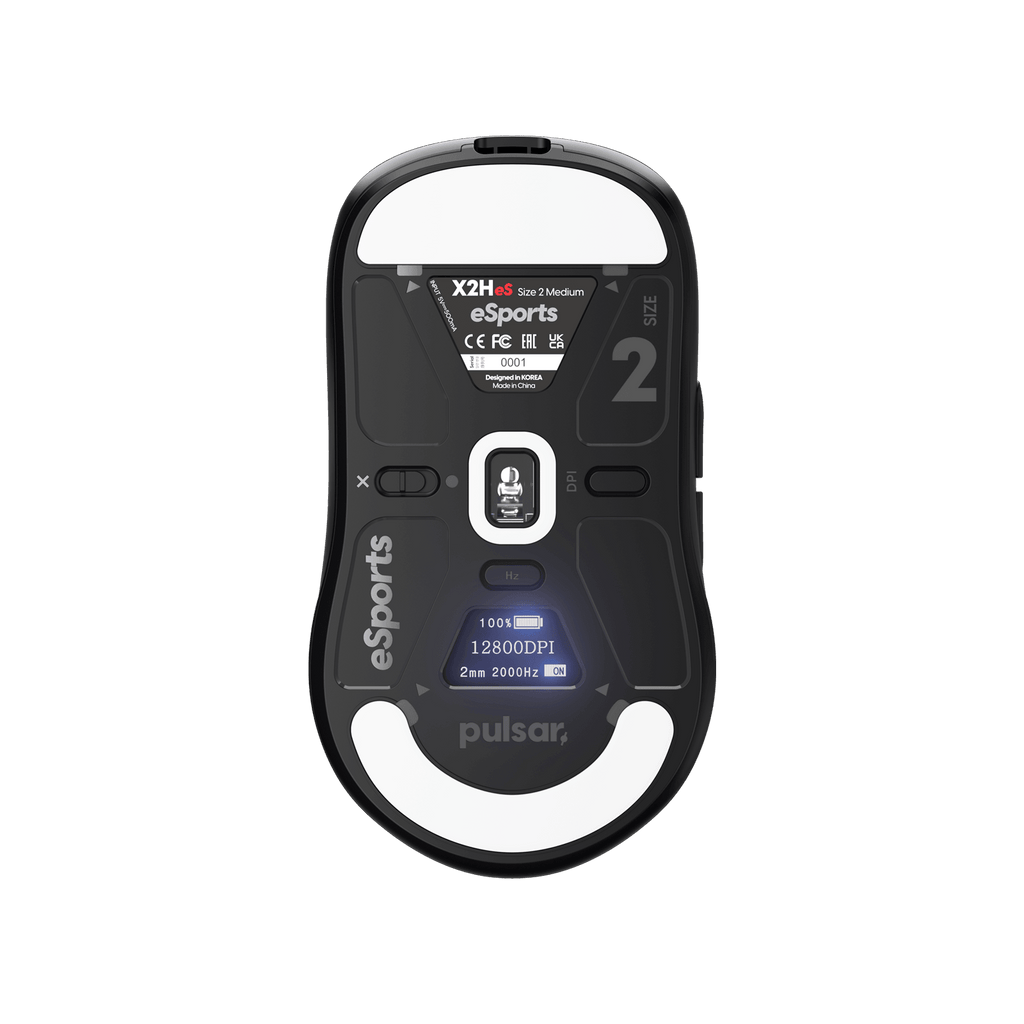Black Pulsar X2H Medium Gaming Mouse with a narrow waist, higher hump, symmetrical shape, optical switch, PAW3395 sensor, OLED display, and driver-free setup, ideal for esports tournaments.