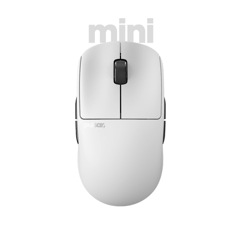White Pulsar X2A mini Gaming Mouse with an ambidextrous X2 shape, configurable buttons for both left and right-hand use, featuring a lightweight design and PAW3395 optical sensor