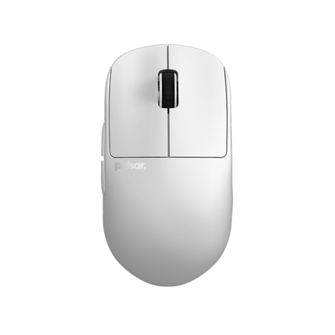 White Pulsar X2H Medium Gaming Mouse with a translucent black design, narrow waist, higher hump, symmetrical shape, optical switch, and PAW3395 sensor. white